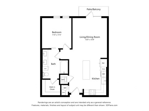 Floor plan for 1 bed, 1 bath, 817 sqft